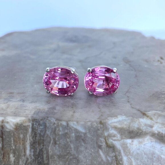 Sterling Silver 925 Oval Faceted Prong Set Pink Ruby Stud Earrings - Picture 7 of 16